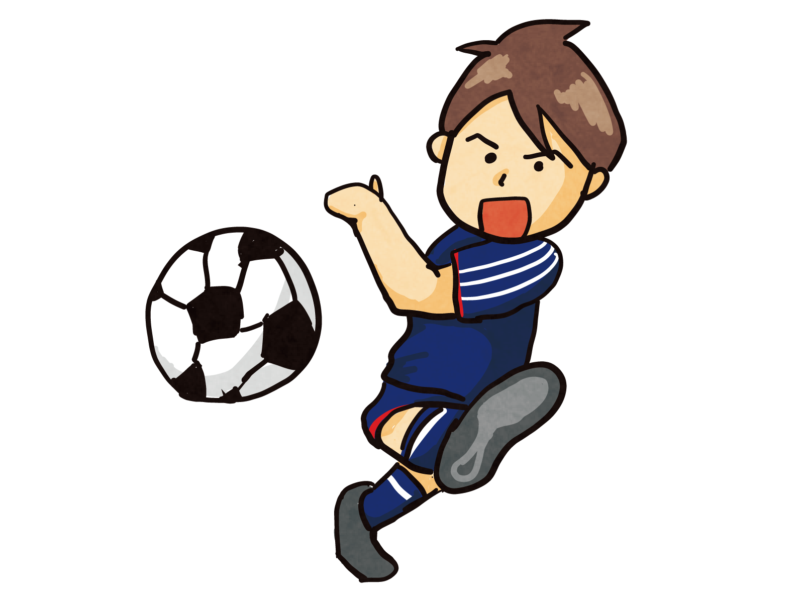 シュートを放つサッカー日本代表のイラスト | 無料で使えるフリーな「らくがき素材」