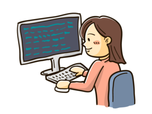 パソコンでプログラミングをする女性のイラスト 無料で使えるフリーな らくがき素材