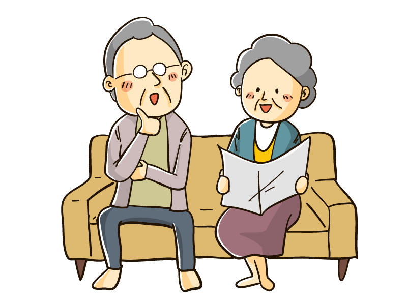 ソファで語り合う老夫婦 無料で使えるフリーな らくがき素材
