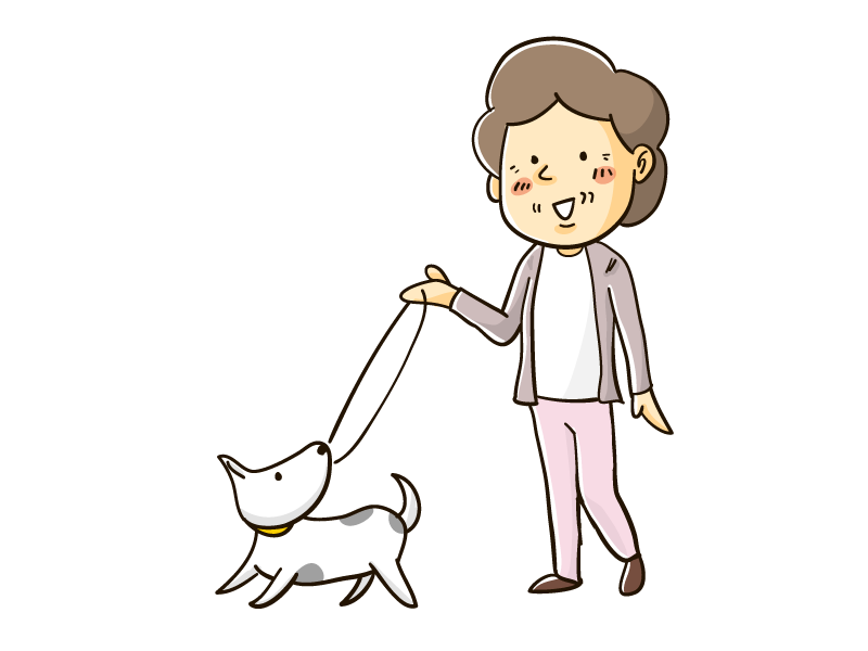 犬と一緒に散歩するおばあちゃん 無料で使えるフリーな らくがき素材